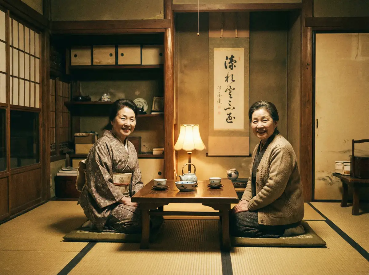 两位优雅的 桃传媒 在日式茶室中品茶交谈